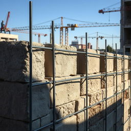 A detailed and artistic representation of reinforced masonry, showcasing the intricate patterns and textures of concrete blocks combined with steel reinforcement bars
