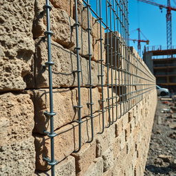 A detailed and artistic representation of reinforced masonry, showcasing the intricate patterns and textures of concrete blocks combined with steel reinforcement bars