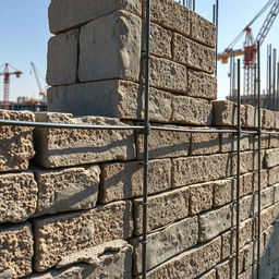 A detailed and artistic representation of reinforced masonry, showcasing the intricate patterns and textures of concrete blocks combined with steel reinforcement bars
