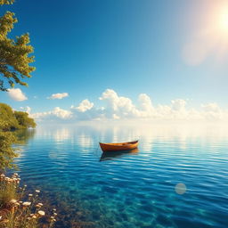 A serene scene depicting a tranquil body of clear blue water under a bright blue sky