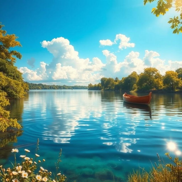 A serene scene depicting a tranquil body of clear blue water under a bright blue sky