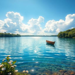 A serene scene depicting a tranquil body of clear blue water under a bright blue sky