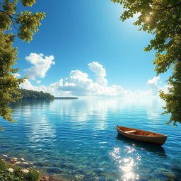 A serene scene depicting a tranquil body of clear blue water under a bright blue sky