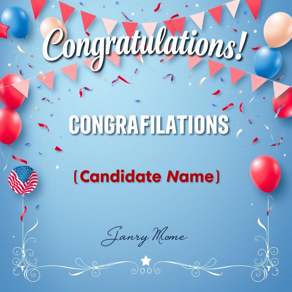 A celebratory election victory announcement template featuring a prominent headline that reads 'Congratulations!' and below it, the text 'Elected as [Position] - [Candidate Name]' in bold and eye-catching typography