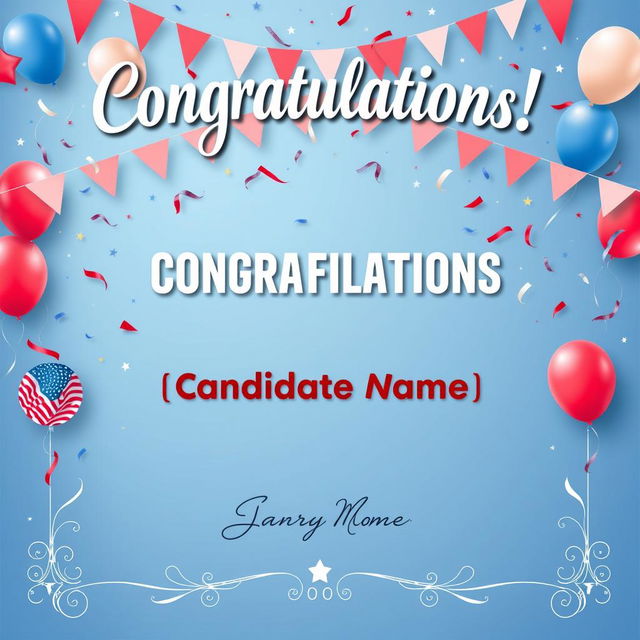 A celebratory election victory announcement template featuring a prominent headline that reads 'Congratulations!' and below it, the text 'Elected as [Position] - [Candidate Name]' in bold and eye-catching typography
