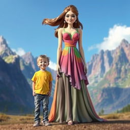 A son standing proudly next to his giant sister and giant mother in a fantastical landscape