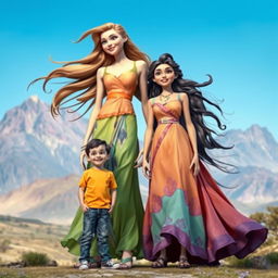 A son standing proudly next to his giant sister and giant mother in a fantastical landscape