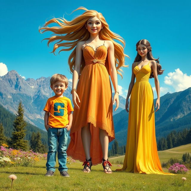 A son standing proudly next to his giant sister and giant mother in a fantastical landscape