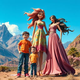 A son standing proudly next to his giant sister and giant mother in a fantastical landscape