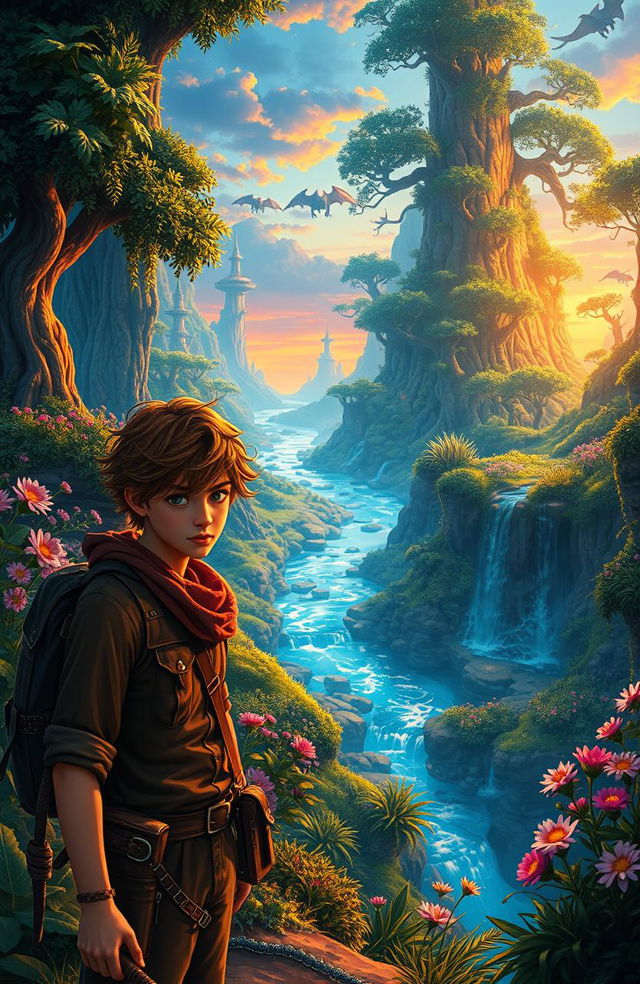 An imaginative fantasy landscape where Henry Paxton, a fictional adventurer, explores a hidden realm filled with vibrant, lush greenery, towering mystical trees, and glowing flowers