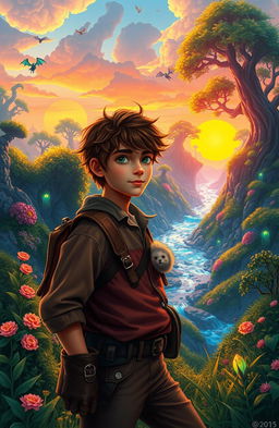 An imaginative fantasy landscape where Henry Paxton, a fictional adventurer, explores a hidden realm filled with vibrant, lush greenery, towering mystical trees, and glowing flowers