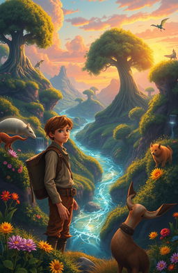 An imaginative fantasy landscape where Henry Paxton, a fictional adventurer, explores a hidden realm filled with vibrant, lush greenery, towering mystical trees, and glowing flowers