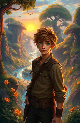 An imaginative fantasy landscape where Henry Paxton, a fictional adventurer, explores a hidden realm filled with vibrant, lush greenery, towering mystical trees, and glowing flowers