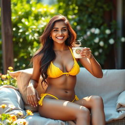 A cute Indian woman in a vibrant yellow thong bikini, sitting gracefully in a cozy outdoor setting