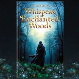 A captivating book cover featuring a mystical forest at twilight, with ethereal light filtering through the trees