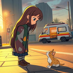 A scene depicting a sad girl in a city street looking down at a lonely abandoned cat