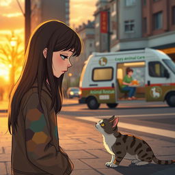 A scene depicting a sad girl in a city street looking down at a lonely abandoned cat