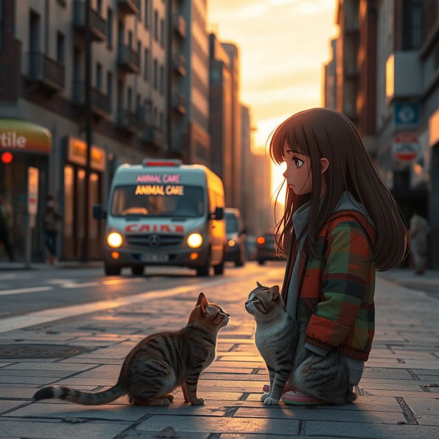 A scene depicting a sad girl in a city street looking down at a lonely abandoned cat