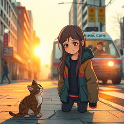 A scene depicting a sad girl in a city street looking down at a lonely abandoned cat