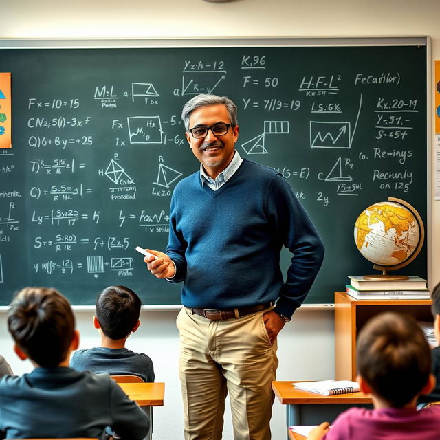 A confident mathematics teacher in a classroom setting, standing beside a blackboard filled with mathematical equations and diagrams