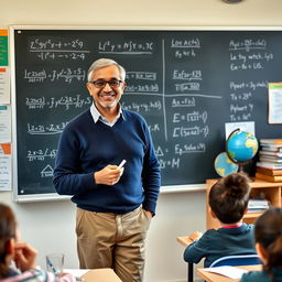 A confident mathematics teacher in a classroom setting, standing beside a blackboard filled with mathematical equations and diagrams