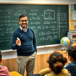 A confident mathematics teacher in a classroom setting, standing beside a blackboard filled with mathematical equations and diagrams