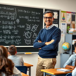 A confident mathematics teacher in a classroom setting, standing beside a blackboard filled with mathematical equations and diagrams