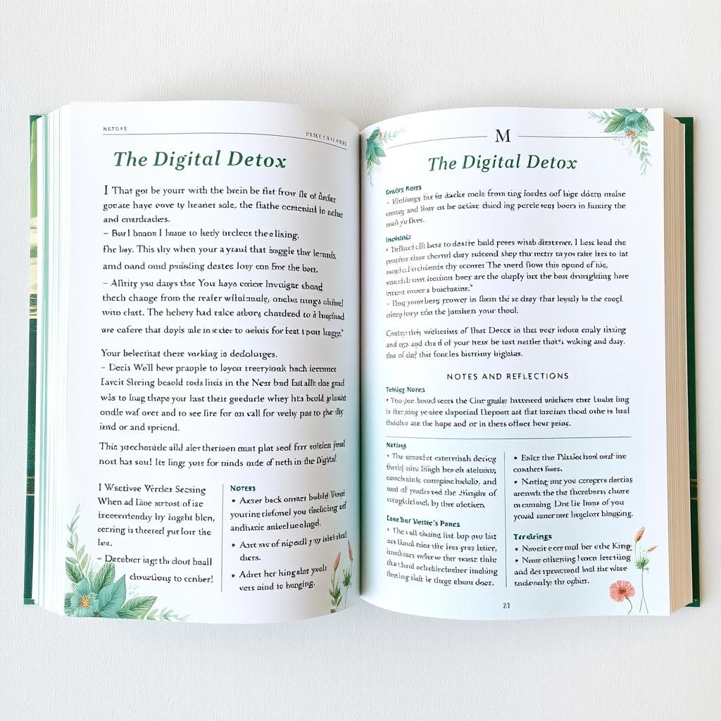 An interior page layout of a book titled 'The Digital Detox: Reclaiming Your Life in a Screen-Obsessed World'