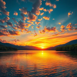 a stunning landscape view of a vibrant sunset over a calm lake, with colorful reflections shimmering on the water, surrounded by lush green trees and distant mountains under a sky filled with fluffy clouds, the scene evokes a feeling of tranquility and beauty