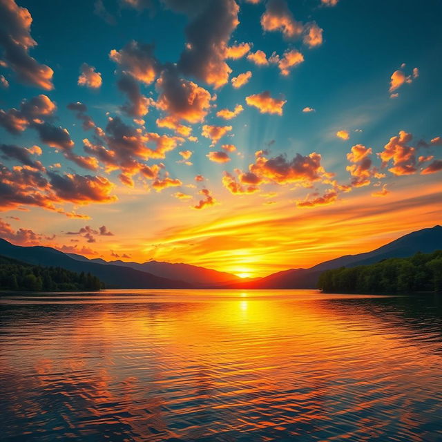 a stunning landscape view of a vibrant sunset over a calm lake, with colorful reflections shimmering on the water, surrounded by lush green trees and distant mountains under a sky filled with fluffy clouds, the scene evokes a feeling of tranquility and beauty