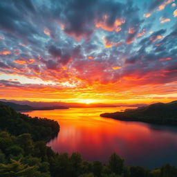 a stunning landscape view of a vibrant sunset over a calm lake, with colorful reflections shimmering on the water, surrounded by lush green trees and distant mountains under a sky filled with fluffy clouds, the scene evokes a feeling of tranquility and beauty