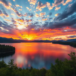 a stunning landscape view of a vibrant sunset over a calm lake, with colorful reflections shimmering on the water, surrounded by lush green trees and distant mountains under a sky filled with fluffy clouds, the scene evokes a feeling of tranquility and beauty