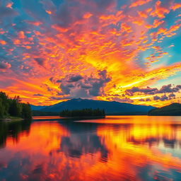 a stunning landscape view of a vibrant sunset over a calm lake, with colorful reflections shimmering on the water, surrounded by lush green trees and distant mountains under a sky filled with fluffy clouds, the scene evokes a feeling of tranquility and beauty