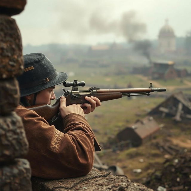 A soldier taking aim and shooting from behind a fortification, equipped with an old-style firearm