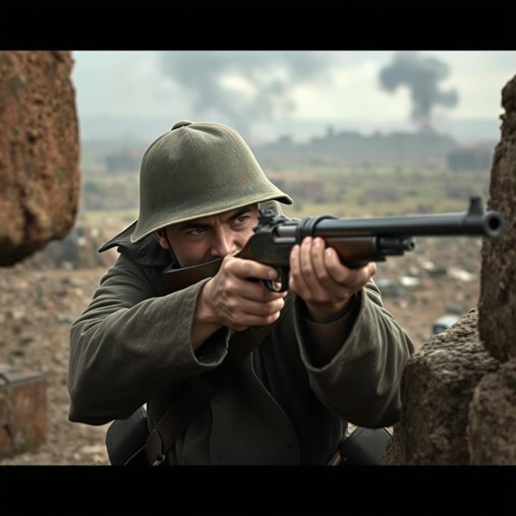 A soldier taking aim and shooting from behind a fortification, equipped with an old-style firearm