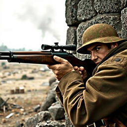 A soldier taking aim and shooting from behind a fortification, equipped with an old-style firearm