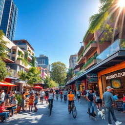 A vibrant, bustling scene of a modern urban hub named Mondolpara, showcasing diverse groups of people engaged in various activities like socializing, working, and enjoying outdoor cafes