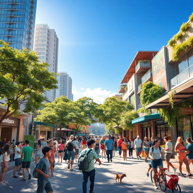 A vibrant, bustling scene of a modern urban hub named Mondolpara, showcasing diverse groups of people engaged in various activities like socializing, working, and enjoying outdoor cafes