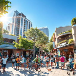 A vibrant, bustling scene of a modern urban hub named Mondolpara, showcasing diverse groups of people engaged in various activities like socializing, working, and enjoying outdoor cafes
