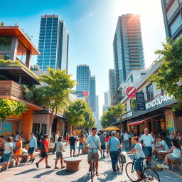 A vibrant, bustling scene of a modern urban hub named Mondolpara, showcasing diverse groups of people engaged in various activities like socializing, working, and enjoying outdoor cafes