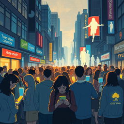 A poignant illustration depicting society's addiction to technology and social media, highlighting the detrimental effects on human relationships and emotional well-being
