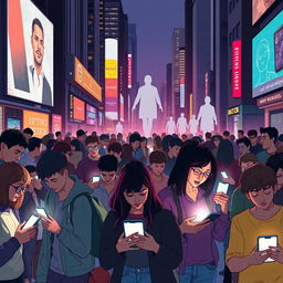 A poignant illustration depicting society's addiction to technology and social media, highlighting the detrimental effects on human relationships and emotional well-being