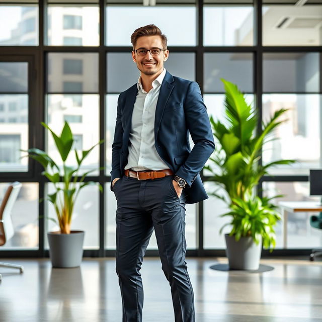 A person in formal attire standing confidently in a modern office setting