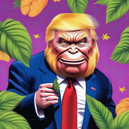 A high-quality digital art piece that portrays Donald Trump as an ape, now with a humorous twist