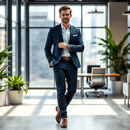 A person in formal attire standing confidently in a modern office setting