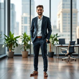 A person in formal attire standing confidently in a modern office setting