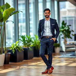 A person in formal attire standing confidently in a modern office setting