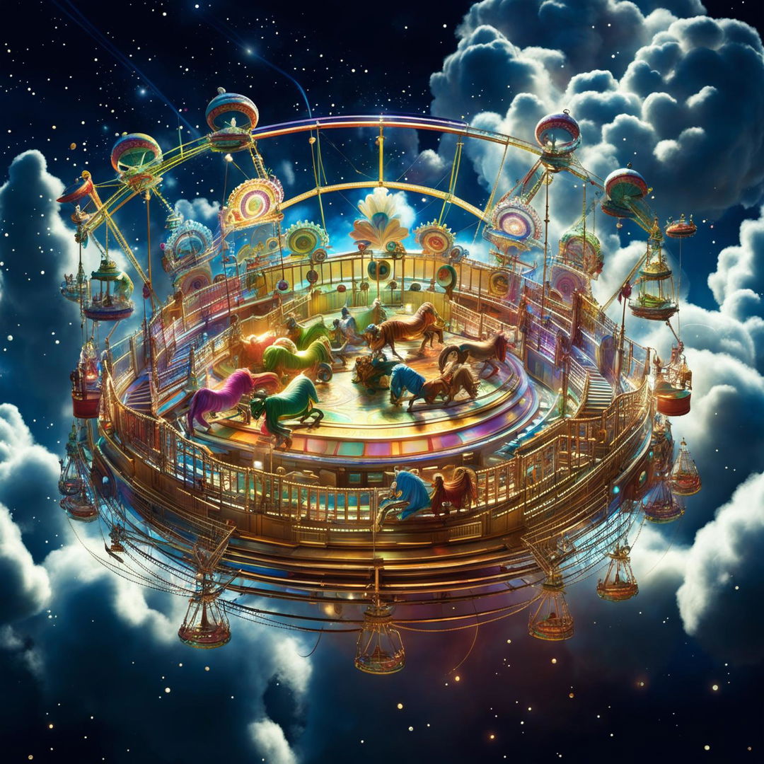 A digital art image depicting a vibrant merry-go-round carnival ride orbiting a detailed, blue-green planet