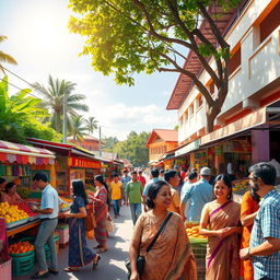 A vibrant, modern hub in Mondolpara, featuring a bustling street filled with colorful market stalls, vendors selling fresh fruits and vegetables, and locals engaging in conversation