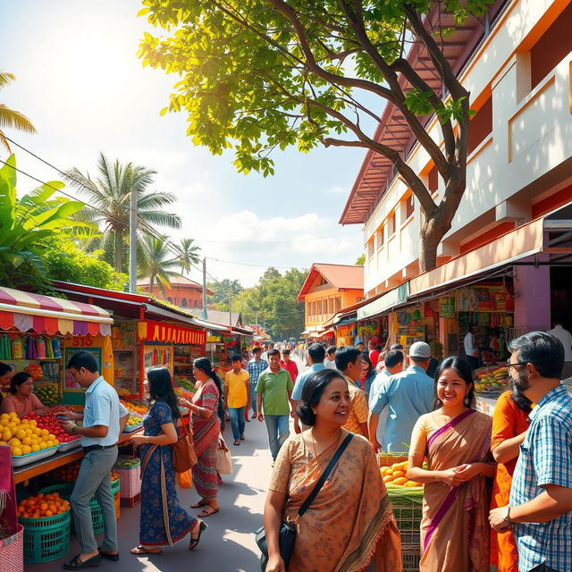A vibrant, modern hub in Mondolpara, featuring a bustling street filled with colorful market stalls, vendors selling fresh fruits and vegetables, and locals engaging in conversation